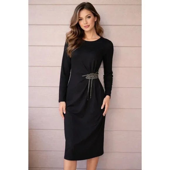 LAFAYETTE 148 BlackSilver Beaded Embellished Waist Ponte Knit Cocktail Dress Sz6 - Picture 1 of 13